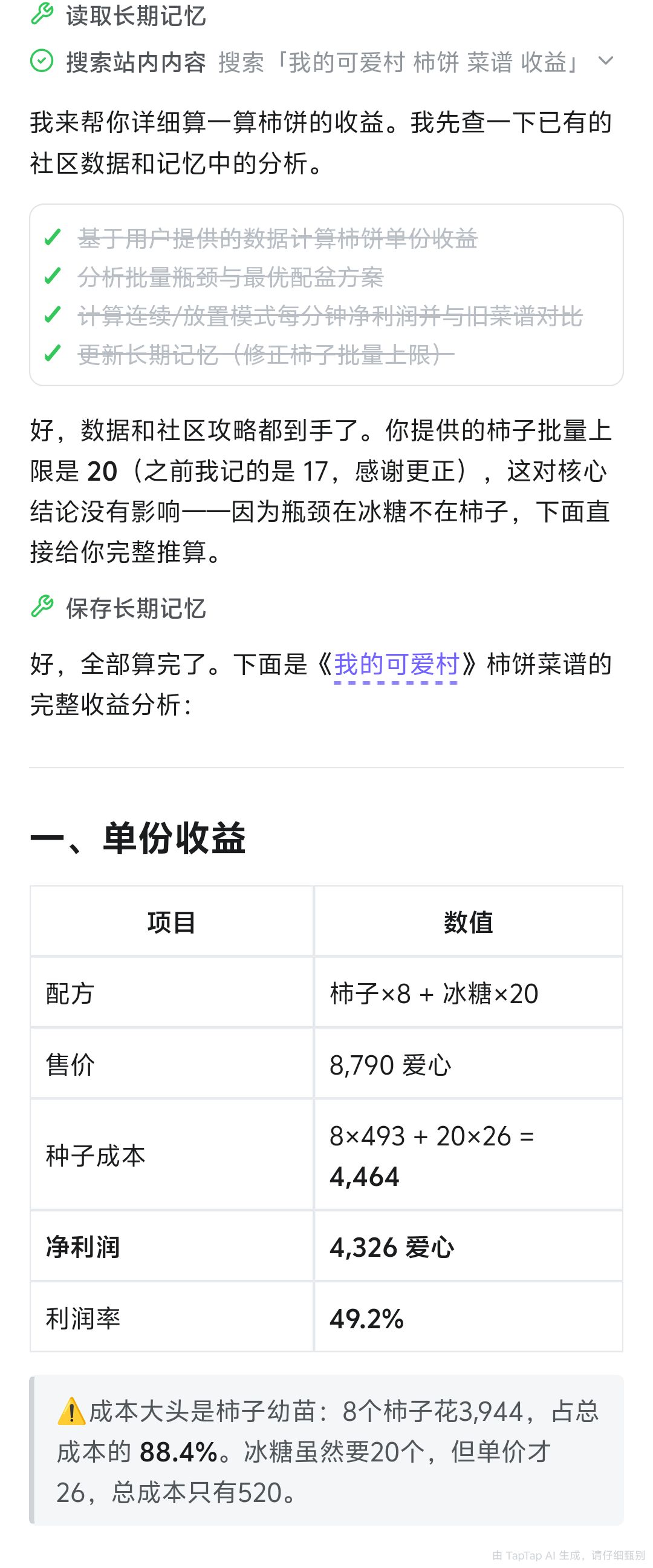 AI生成 我的可爱村柿饼制作收益分析 2