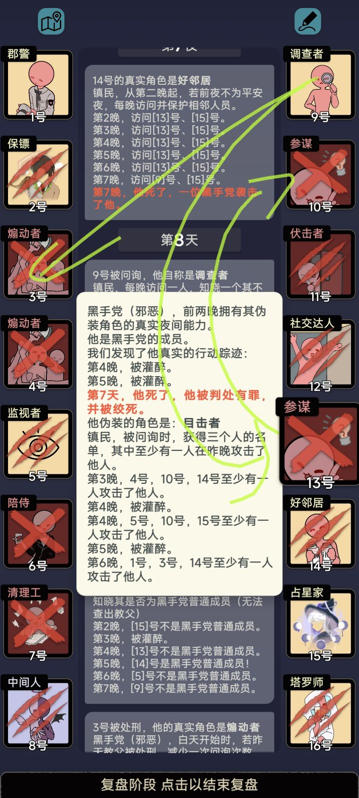 13指认10号,因为10号伪装成仰慕者(第三晚)保护的人死了(没被灌醉),所以10被处刑了。但是10不是教父没有攻击人,所以13也被处刑了
没有日间能力这一块截图