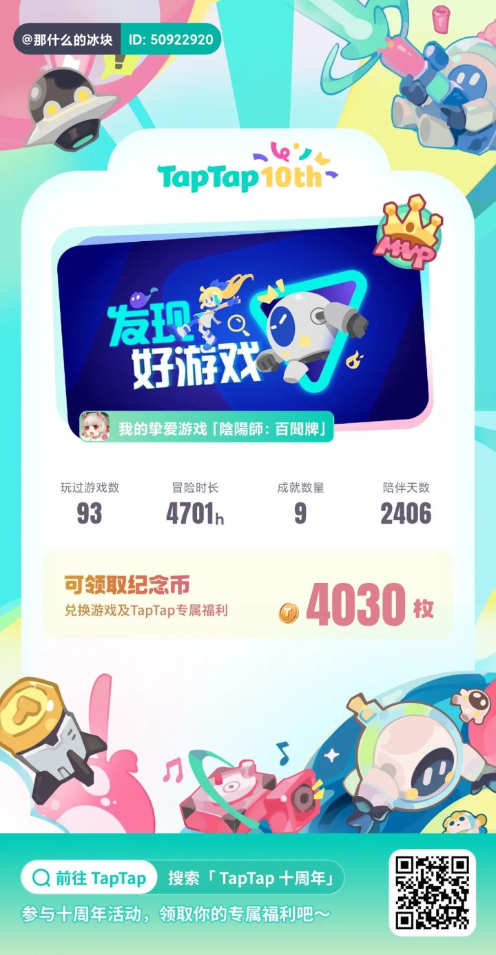 #TapTap十年时光回顾 在tap玩过了好几个内测到公测的游戏,也参与过很多回喜欢的游戏官方抽奖算是结交过几个朋友虽然现在都不联系
十年快乐截图