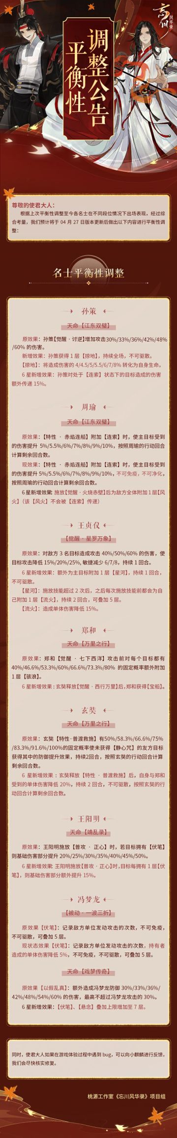 ※4月27日平衡性公告※
本次更新将对孙策、周瑜、王贞仪、郑和、玄奘、王阳明、冯梦龙等名士及部分名士天命进行平衡性调整。详情请使君大人点击长图查看。
同时，使君大人如果在游戏体验过程中遇到bug，可以向小麒麟进行反馈，我们会尽快核实修复。
☆立即下载游戏：https://dream.163.com/
☆加入官方社群，交流曲水流觞攻略，赢取专属社群福利：
☆官方社群： 650476650
#忘川风华
