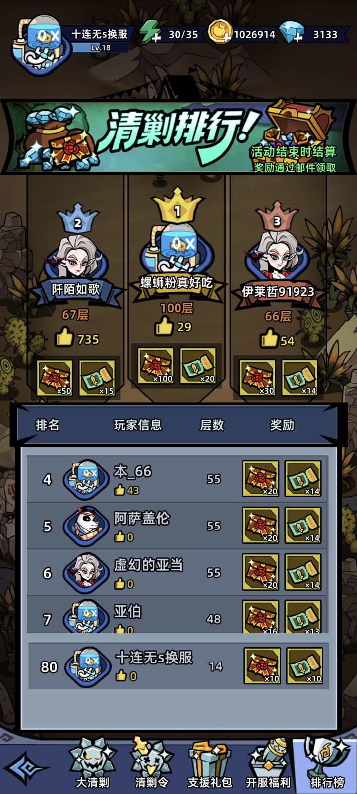 看看榜一，看看战力排行，看看活动结束时间，看看开服时间
这游戏bug真多，早上的时候还正常呢截图