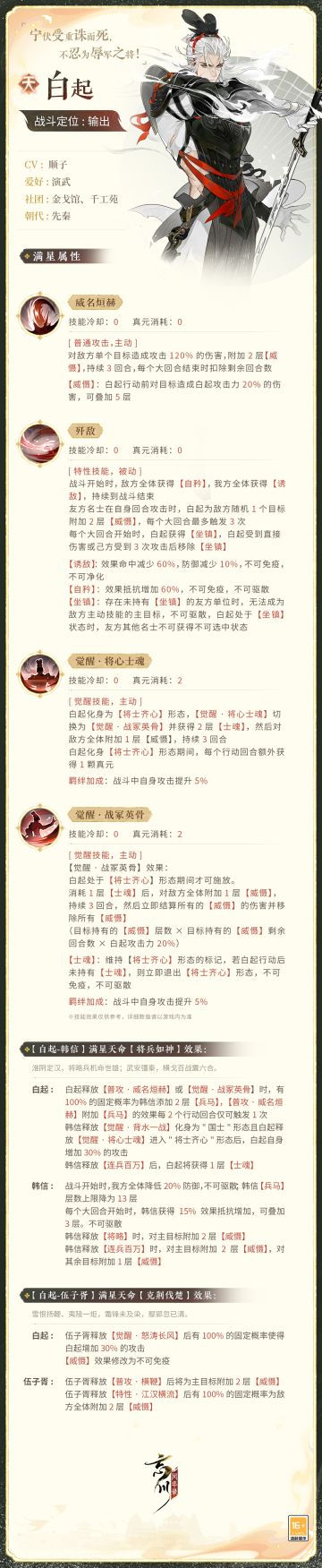 【新名士前瞻·技能曝光】
宁伏受重诛而死，不忍为辱军之将。全新天品名士·白起战斗技能曝光！
敌人闻其名丧胆惊悚，秦兵听其令仗马寒蝉。白起率领秦国精骑威震六国屡建奇功，一战定天下！他为战而生无惧争议，只心无旁骛地攫取每一场胜利。
来到忘川后的白起将作为输出名士出战，使君大人快戳下图了解即将并肩作战的伙伴吧！技能以上线实装为准~
☆立即下载游戏：https://dream.163.com/
☆加入官方