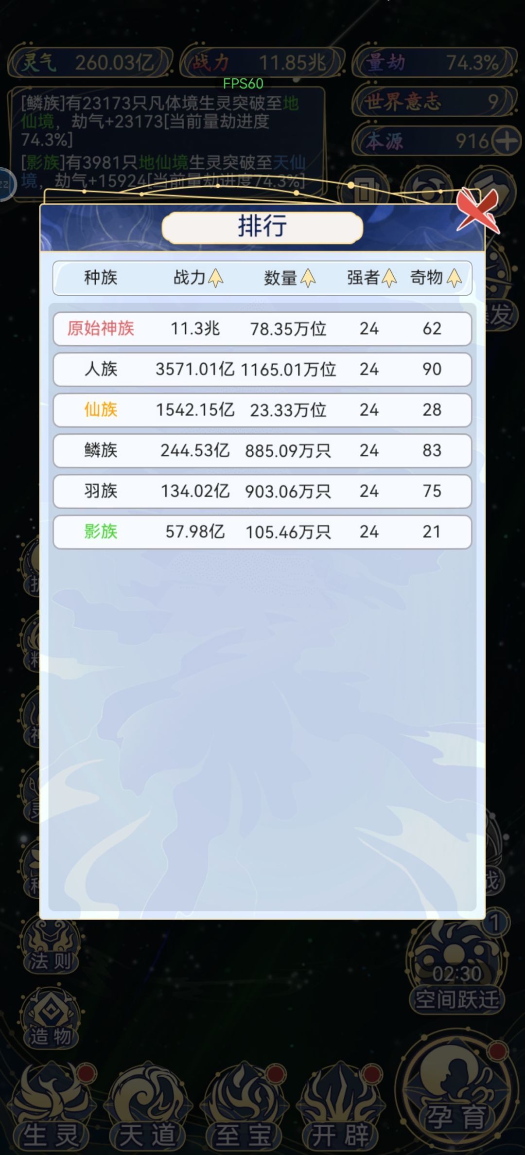 本来坚持人族的,战力太难升了,就搞了个原始神族 1