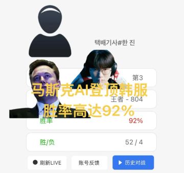韩服惊现92%胜率 “战神”！疑似马斯克AI战队测试，两天登顶