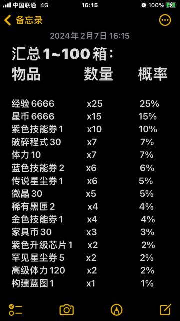 实测开箱100礼赠的物品，以及对应概率