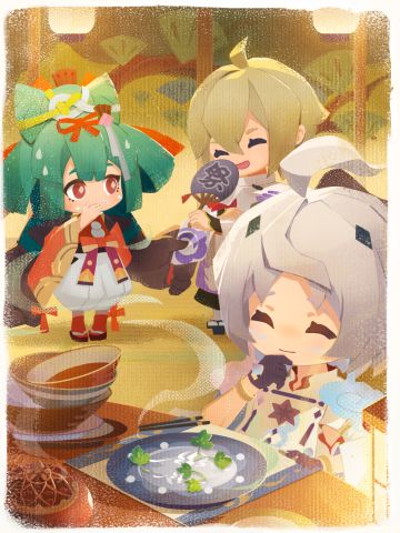 晚餐时间到！香喷喷的菜肴盛进每个小妖怪的碗中，让人垂涎欲滴~ 嗯？似乎有位饿肚子的小妖怪已经提前开动了……
刚回屋的寻香行来到餐桌前，发现自己的盘子上只剩下零零碎碎的几片香菜……
而站在角落的二口女心虚地擦了擦嘴，身后的大手扯住大天狗的衣角请求他保守秘密。
深知已经瞒不住的大天狗忍俊不禁。
「呵呵呵~」
寻香行嗅了嗅空气中弥漫着的菜肴香气，一切便了然于胸，却贴心地假装自己什么都不知道。
「家主，可