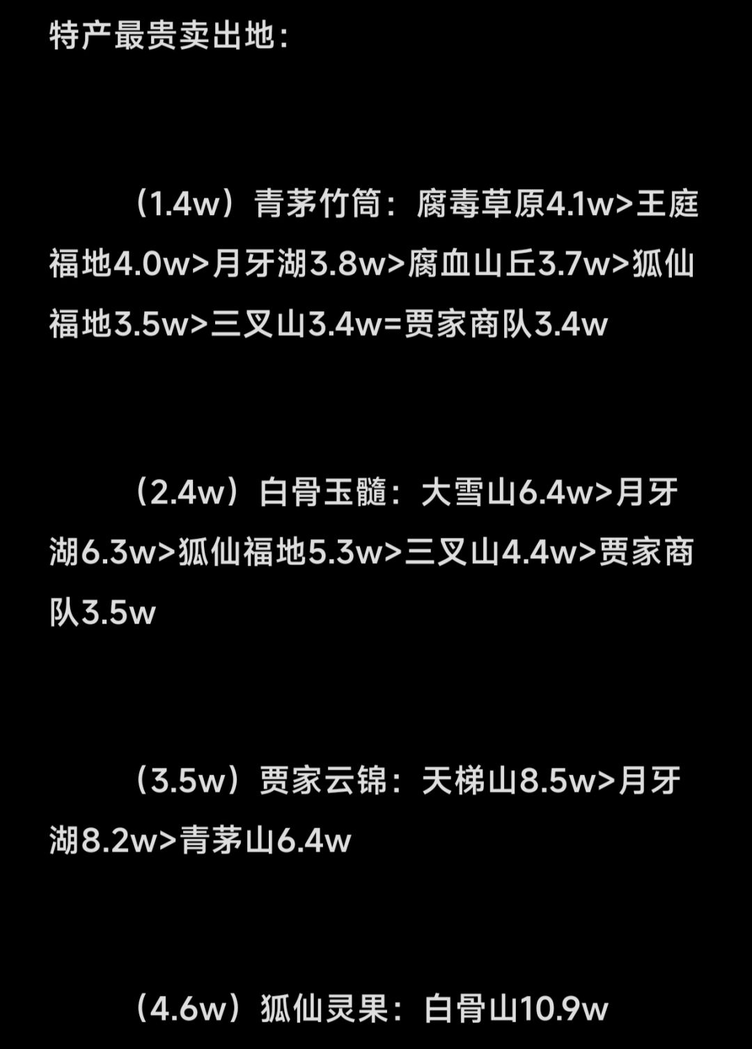 25号20点跑商价格表攻略(特产) 2