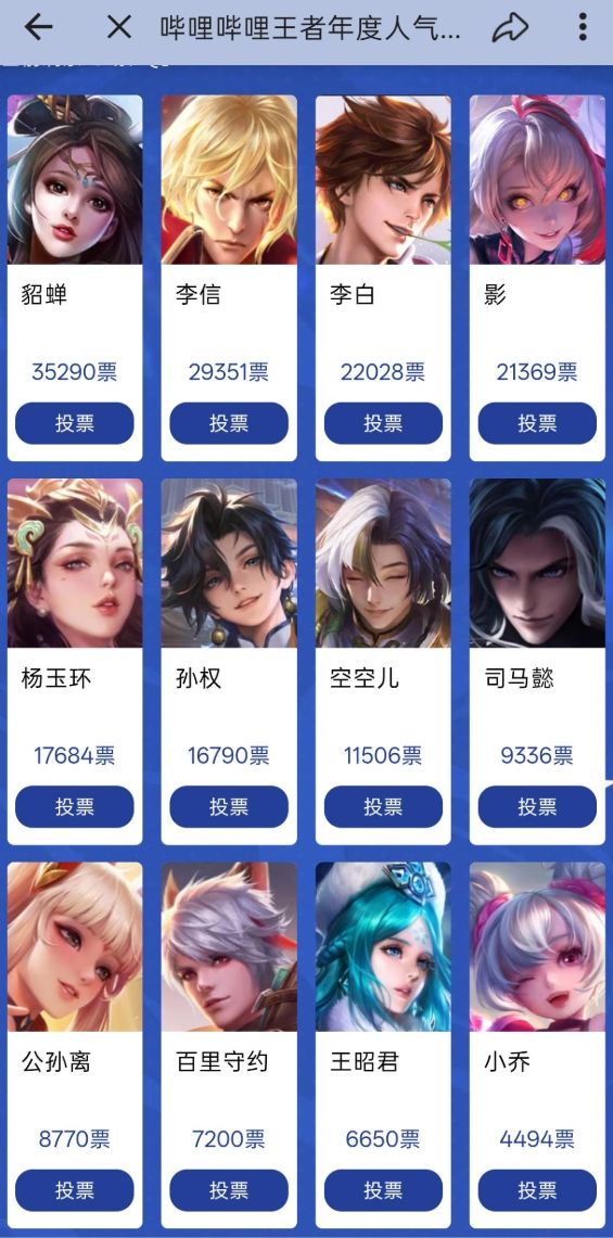 王者荣耀B站人气投票，貂蝉断层第一！截图