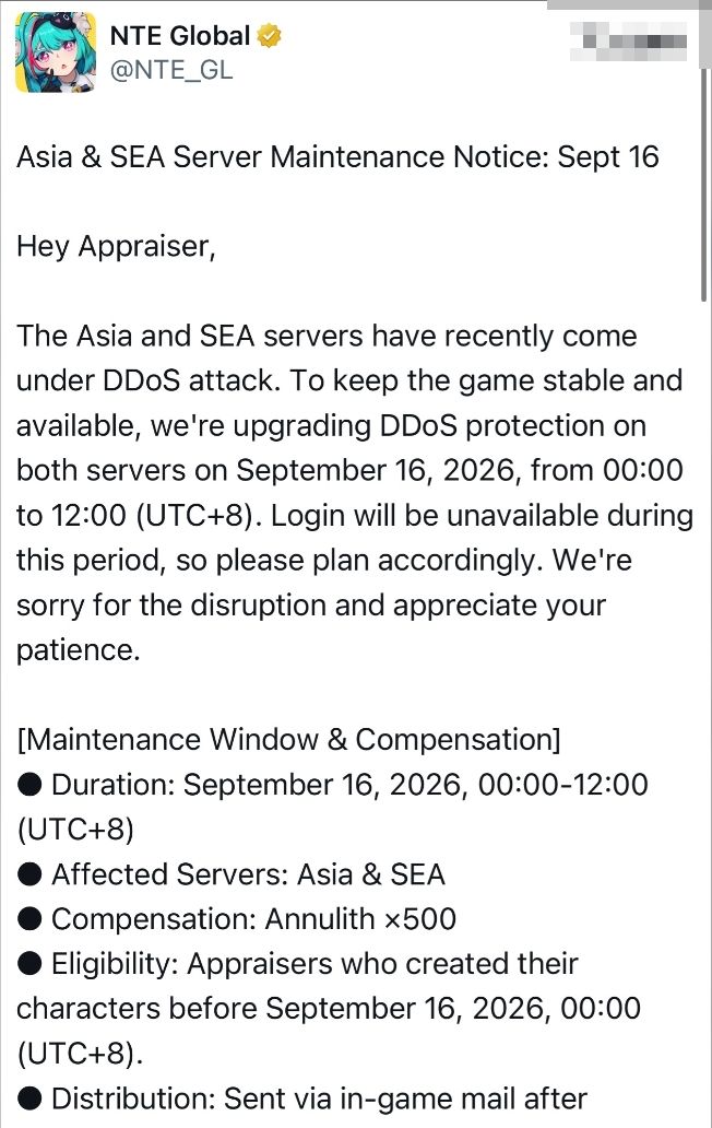 异环亚服遭DDoS,停服补500环石! 3