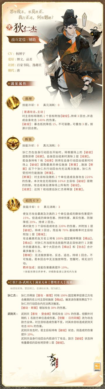 【新名士前瞻·技能曝光】
恶勿敌善，邪莫胜正。我行正道，何惧魍魉？全新天品名士·狄仁杰战斗技能曝光！
令天下无不平事，令人间无冤屈情，狄仁杰踏上仕途前曾对自己许下这样的承诺。而后几度拜相，一生沉浮，他始终坚守初心磊落前行。
来到忘川后的狄仁杰将作为辅助名士出战，使君大人快戳下图了解详情吧！技能以上线实装为准~
☆立即下载游戏：http://t.cn/A6ozcNbr
☆加入官方社群，交流第七届金戈