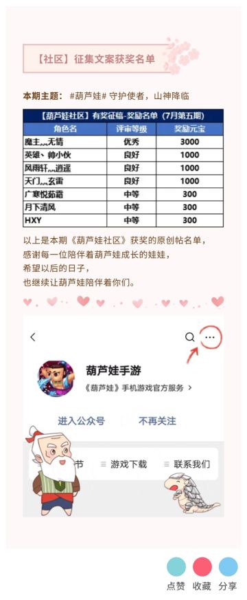 葫芦娃手游征文活动获奖名单