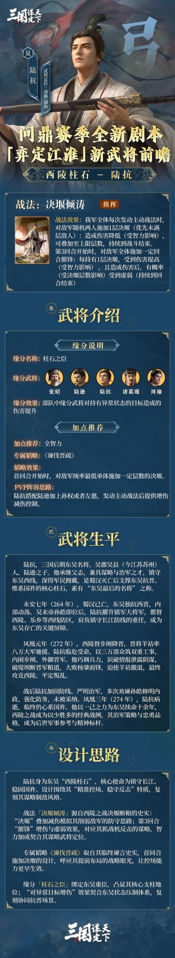 #三国谋定天下 #一载有半四海谋新 #三谋新剧本弈定江淮 #陆抗 
问鼎赛季全新剧本「弈定江淮」新武将前瞻丨西陵柱石·陆抗
今天乔妹为大家揭晓的是问鼎赛季全新剧本「弈定江淮」全新武将——「西陵柱石·陆抗」 
▼以下为全新武将的详细信息