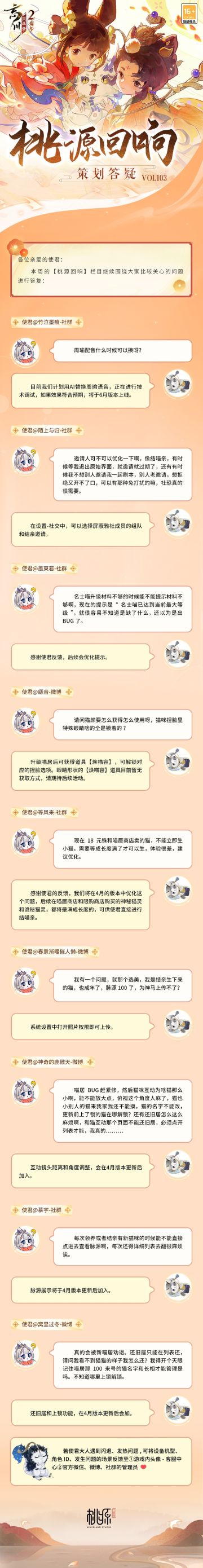 【#桃源回响# 策划答疑Vol.103】
碧毯线头抽早稻，青罗裙带展新蒲。三月在渐浓的春意中步入了最后一天，小麒麟也抱着热乎的策划答疑来啦~
周瑜配音、组队邀请屏蔽、焕喵容道具、脉源展示、喵居互动镜头距离和角度调整……使君们关心的问题，都在答疑里。
美好忘川桃源，与君共筑！欢迎使君大人在评论区留下问题和优化建议，小麒麟会及时收集反馈。
☆忘川风华录手游二周年庆典火热进行中，使君大人可前往：http