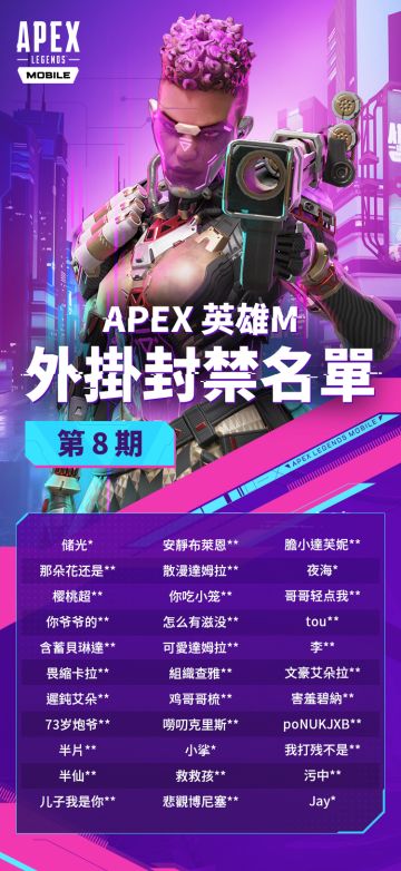 【安全公告】Apex手游封禁名单第八期