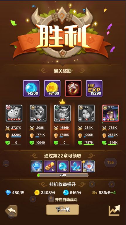 应该是挺极限的，复活了冬和MT把怪打成血皮，然后被闭月普通攻击收掉。
先说下装备，MT两件T2，一个头盔一个戒指，冬4件，没有头盔和戒指，小新有T1武器，闭月有T2武器。
再说下天赋，MT点了很多天赋，冬和小新就点了第一层。
专武方面MT16级，冬9级，其余每人1级。
宝石就不说了，只有1个黄色的防御宝石，剩下的以紫色为主，少量几个橙色，没有升级满。
下一步提升挺迷茫的，除了T1装备，看不到提升的点，钻石也没多少了，不知道还能抽几天的心愿。闯关现在小怪关都卡，远征现在难度11必须手动，联盟塔和血怒塔都卡在200层左右，暗影塔卡在300层。已经成收菜游戏了。截图