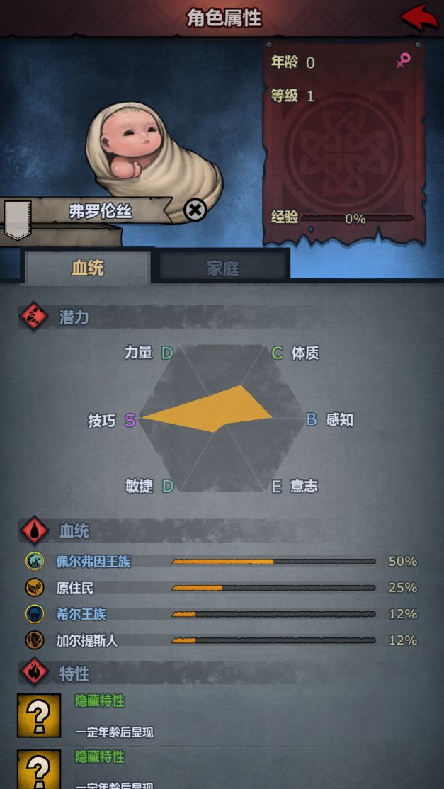 萌新想请教大佬们几个问题，请大佬们不吝赐教，谢谢！
1.这是我第一个有s属性的角色，基斯的二女儿～请问这孩子将来走什么职业好呢？
2.请问该怎么判断一个孩子该走什么职业呀？有这种方面的萌新能看懂的攻略吗？在论坛搜了一圈好像没有找到诶QwQ
3.血脉提纯的原理是什么呀？我的基斯37佩尔血，他老婆是12佩尔血+12希尔血，我还以为孩子的血脉会越来越淡呢，突然生了个50血的超级惊喜！
提前感谢前来解惑的截图