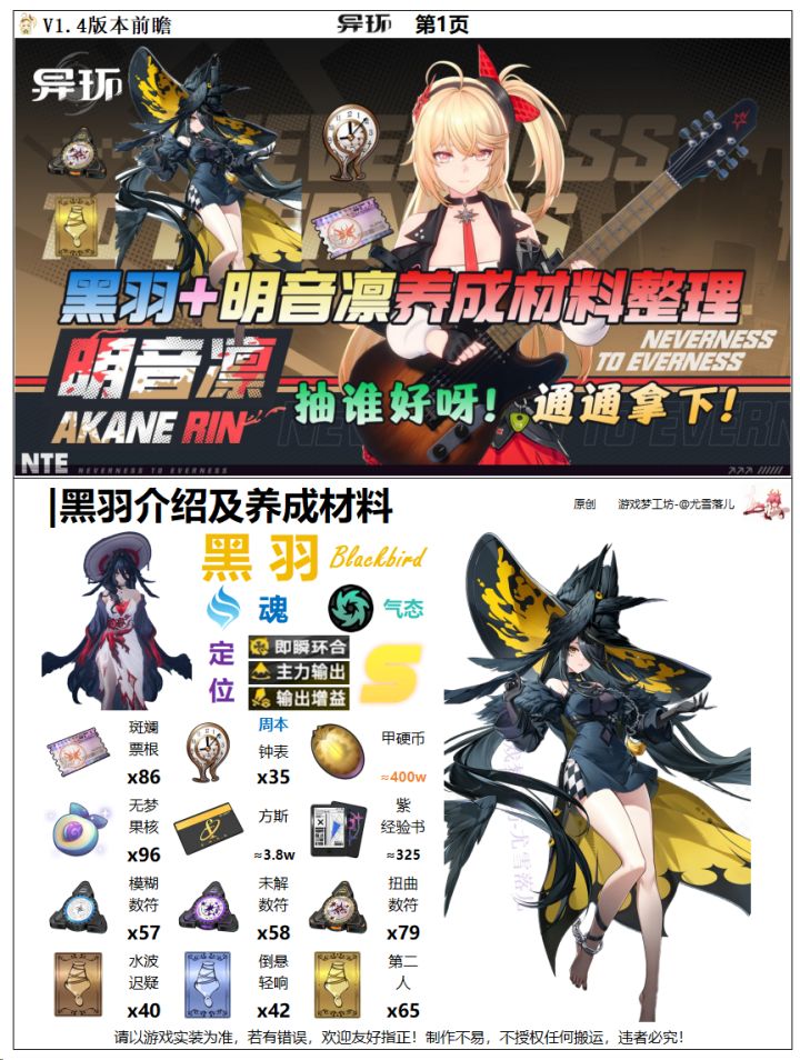 异环：1.4版本黑羽+明音凛养成突破材料截图