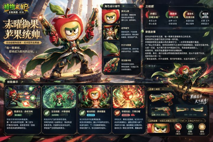 角色名称:赤曜御果·苹果统帅
角色定位:战术突击型植物英雄
设计理念:以果为铠,以叶为锋,以核为心。
当苹果不再只是丰收的象征,而成为守护植物王庭的传奇战士,一场关于勇气、智慧与力量的蜕变便由此展开。
「赤曜御果·苹果统帅」以经典苹果形象为设计基础,将赤红果实、翡翠叶片、鎏金纹饰与未来感双生脉冲枪融为一体。饱满鲜亮的果实是他最醒目的标志,深翡翠绿战甲勾勒出干练的战斗姿态,金色叶脉与胸前的果核能源舱截图