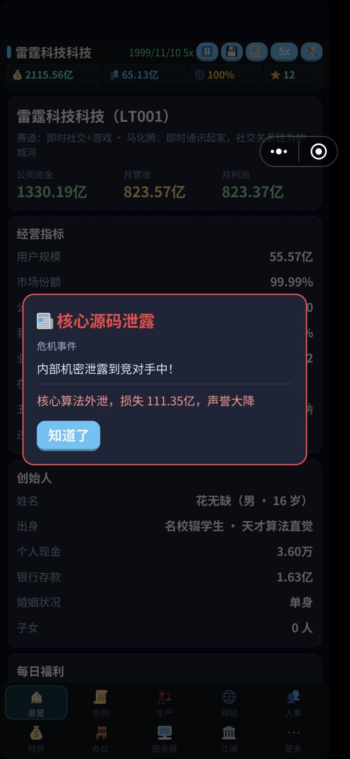 1.公司每个月挣几十几百亿，个人只能到手万把块吗？
2.老是各种负面消息，把声望一路打下来，确没有办法把声望提上去。
3.培训员工和经理的时候，人会消失，另外还经常罢工，明明办公那里已经是100分了，给员工开的补贴福利也已经是优厚了
4.那个生产要人盯着，这个经理请来是干嘛用的？不能自动安排生产吗？合成可以手动，生产模块搞自动啊。截图
