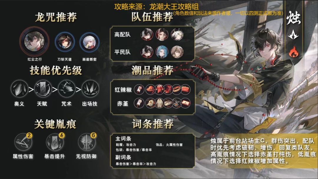 #归龙潮 #归龙潮技术测 #归龙龙潮攻略 #快上号龙潮阁 
归龙潮人气限定限定角色烛攻略来啦了从编队-龙咒-词条-潮品等等细节推荐
攻略来源：龙潮大王攻略组，还是要以四测正式服为主哦截图