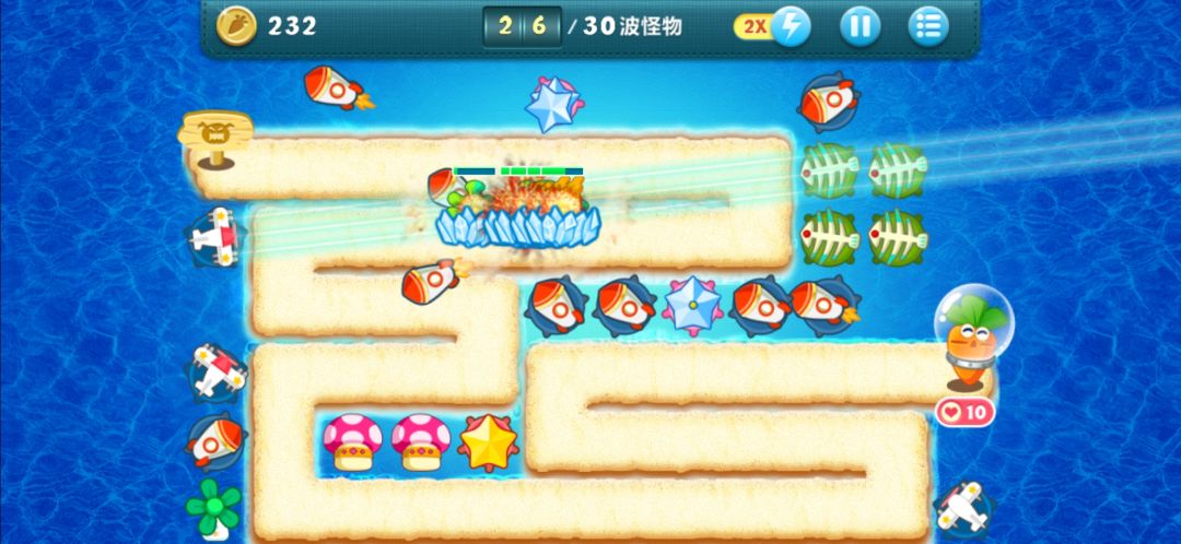保卫萝卜 深海第16关金萝卜攻略
打了好几次最后总算金萝卜通了。。。这关的怪多，血也多，跑的又快，还缺钱，所以必然穿透类的群攻炮塔优先，这关会打出来：
毒针，魔法球，卖了就好，前路的单体伤害很弱的；
太阳花虽然是群攻，但是太弱了，直接卖了就好；
深海蘑菇，我个人是偏向于留着的，留着资本蘑菇可以拿到不少钱，还可以减速，一举两得
鱼刺，一定留着而且优先升级，这东西定怪很有用
飞机和风扇，想留就留吧，不想留就卖了也行
此外这关的炮塔，那一定是火箭优先了，但是很明显这关的主体火力都是偏右的，所以记得在右边放减速炮塔，剩下的就会比较好办了。😆截图