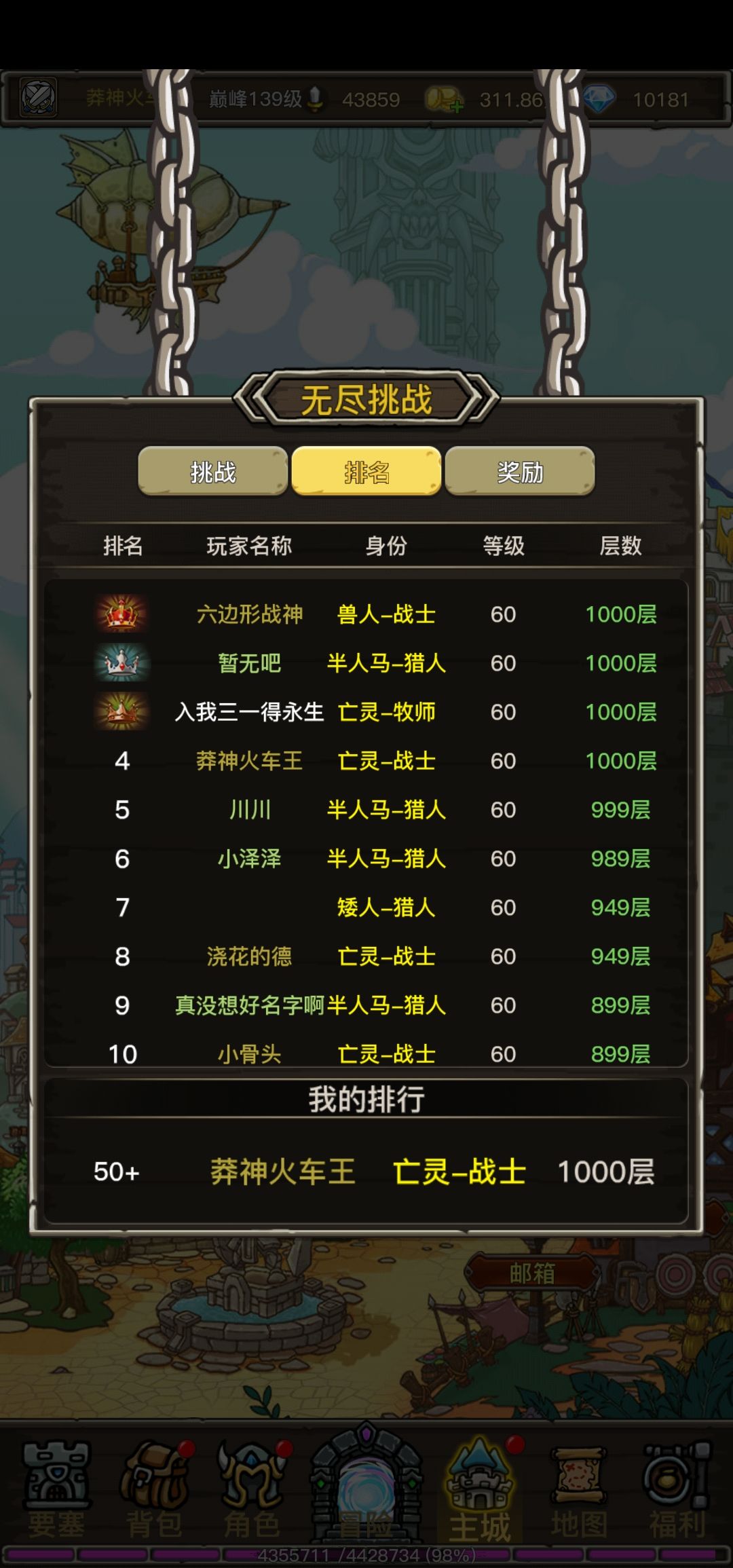 装备不是很好，勉强爬到1000层，纪念一下。
战士爬塔最好带元素的戒指项链披风增加输出，其他部位带板甲不然扛不住，大药要从低级开始吃，烹饪的食物跟药品不冲突，先吃食物-吃药-吃面包这样不会冲突。截图