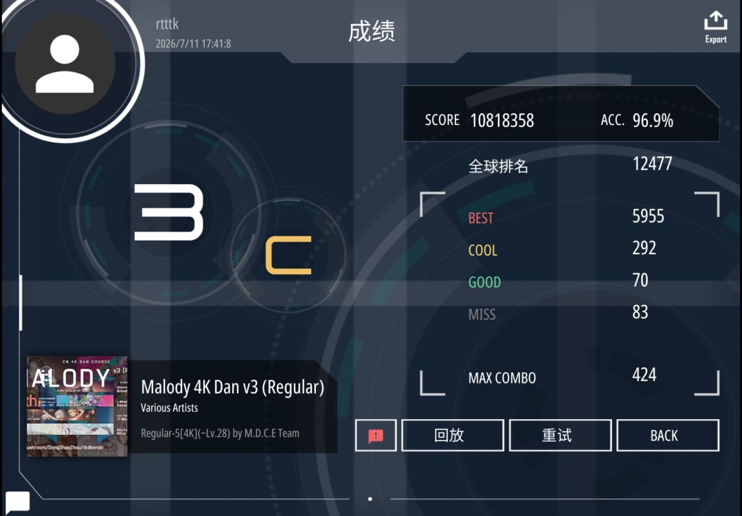 Malody 4k（v3）5dan 96.9% Pass！！！截图