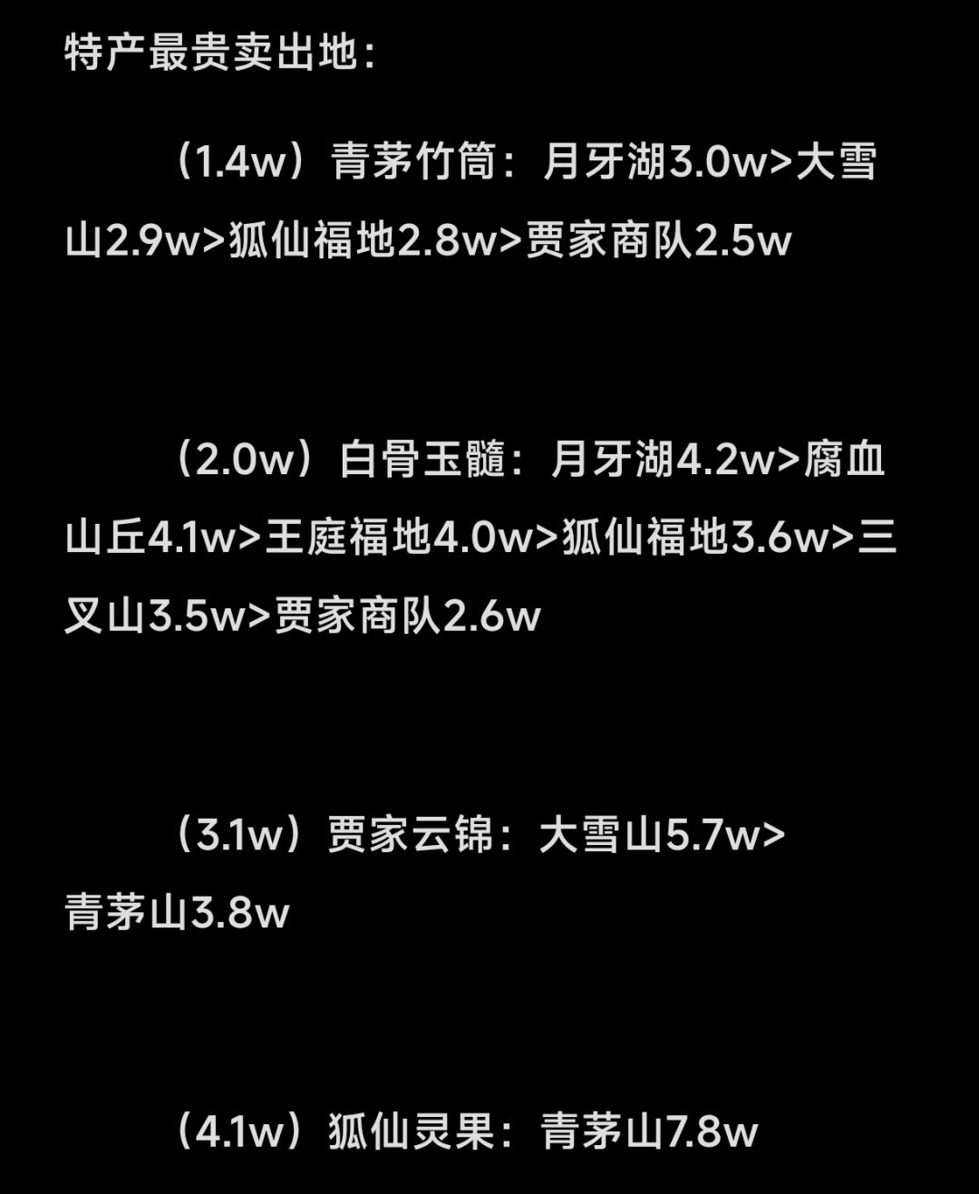 29号14点跑商价格表攻略(特产) 2