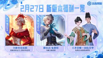 近日气温回暖，峡谷也将在2月27日迎来新版本。快一起来看看都有哪些福利叭~
⭐【戈娅-玫蓝誓约】全新皮肤免费送！
⭐【芈月-瑰影绮梦】全新史诗皮肤上线，持蛇年新春好运卡首周仅490点券！
⭐ 国色芳华同款联动时装免费送！
更多惊喜尽在明日版本更新后，明天咱们峡谷见！
#王者荣耀