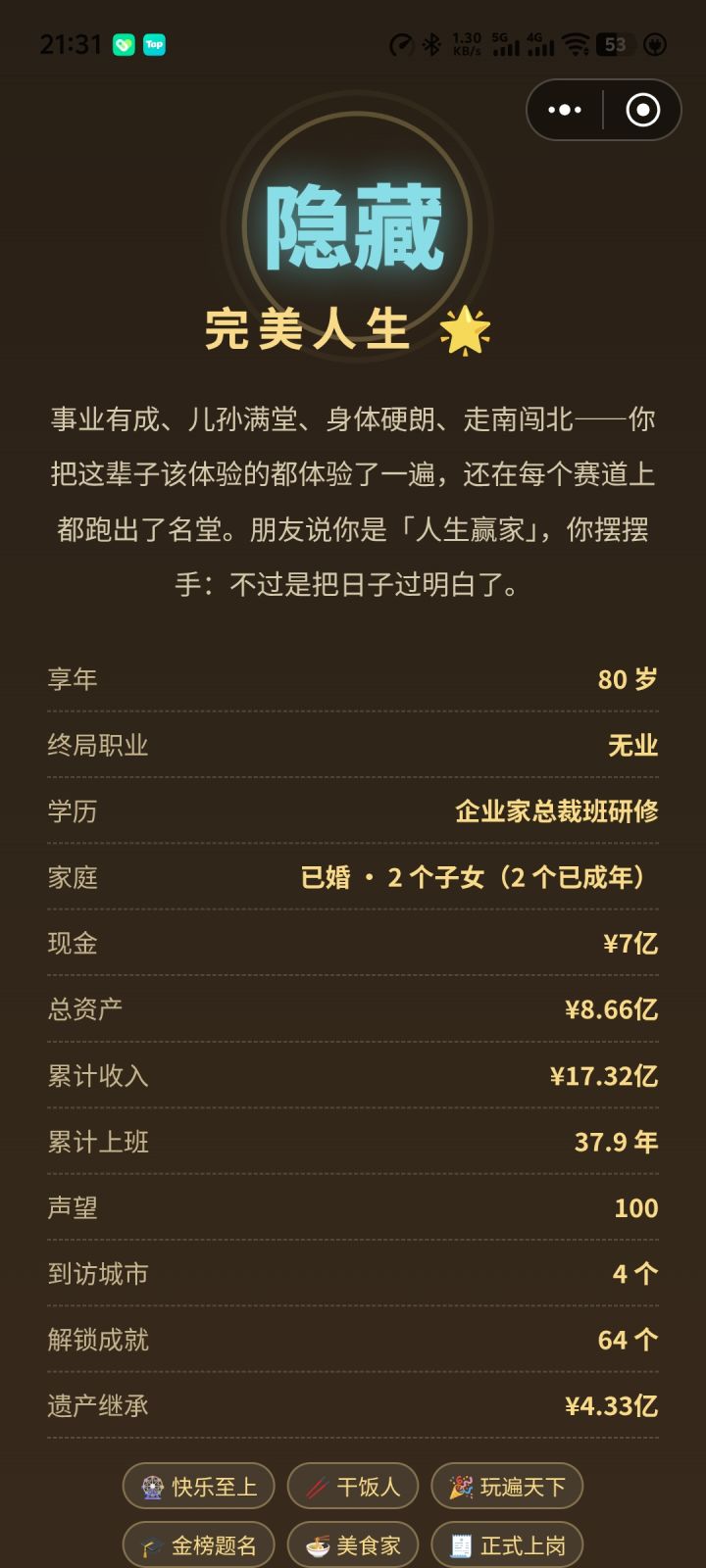 6个小时,总算达成完美通关截图