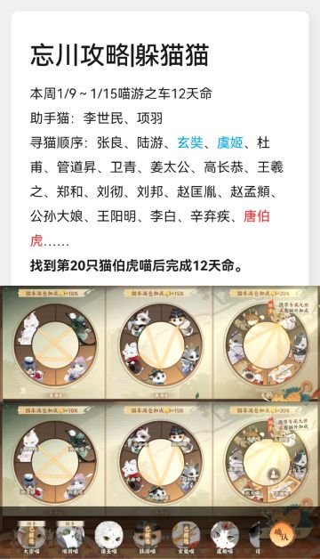 【躲猫猫攻略】
本周1/9～1/15喵游之车12天命
找到第20只猫伯虎喵后可完成
【躲猫猫】全攻略传送门
玩法解读→https://www.taptap.cn/moment/336829366610693982?share_id=d7b531c08bc6&utm_medium=share&utm_source=copylink
线索整理→https://www.taptap.cn/moment/