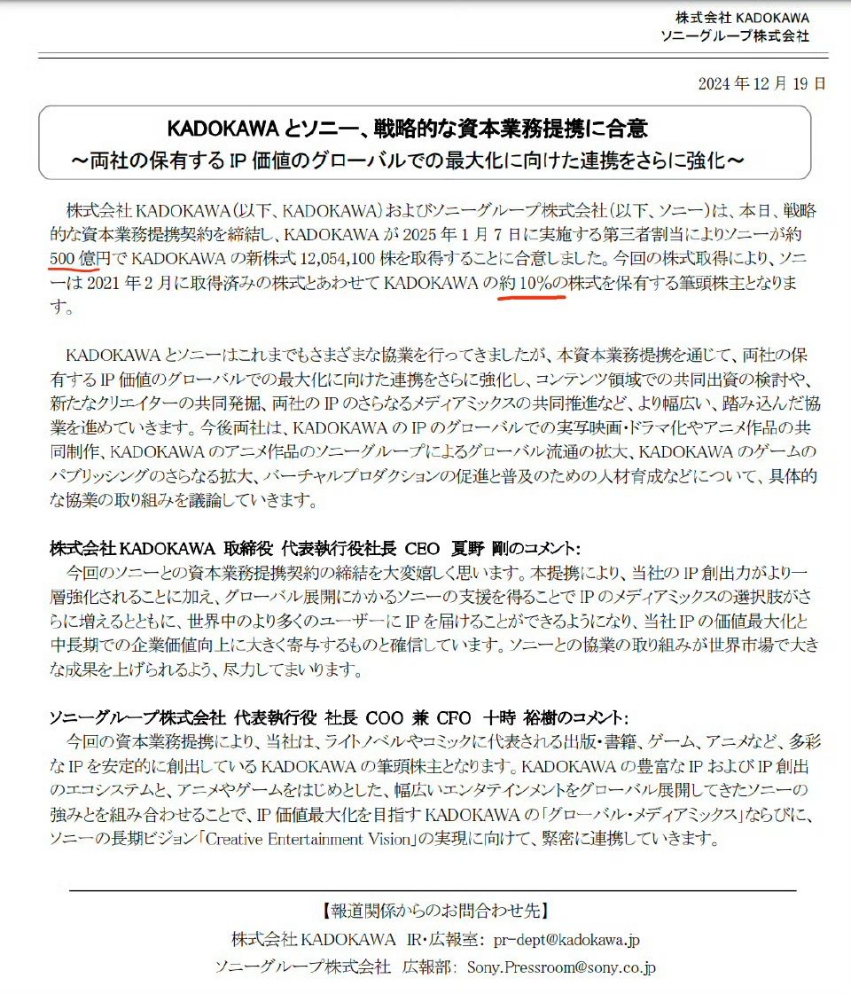 最大股东❗索尼将以500亿收购角川股份🔥🔥🔥 2