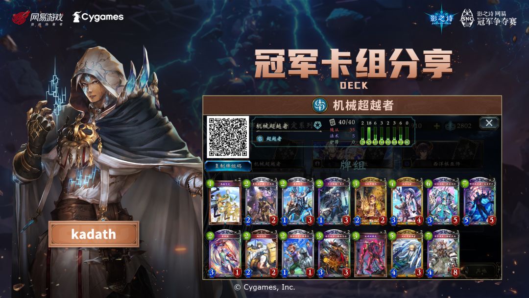​SNC2023 第65赛季阶位积分赛卡组分享
本次积分赛冠军选手「kadath」所使用的卡组为「机械超越者」、「结晶主教」与「西洋棋巫师」，一起来看看他的卡组构筑与思路吧！
更多选手卡组可前往 璐缇雅Official 的文章中查看： https://www.bilibili.com/read/cv26578511#影之诗#SNC2023截图