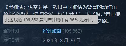 黑神话悟空上线当晚10万好评截图