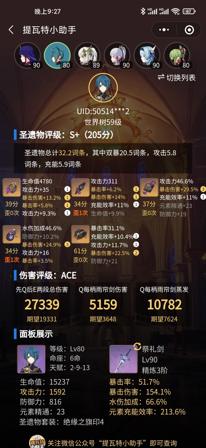 嚯哦~这么一查好像这圣遗物很给力的样子？这现在算啥水平。截图
