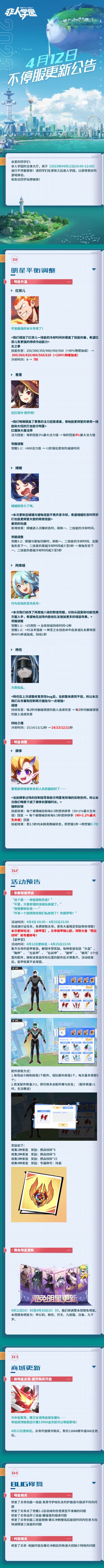 #非人学园##S20：燃阵再临#
【4月12日不停服更新公告】重点如下~
⭐活动预告：非都假面传说活动进行中，【装甲室】玩法更新，4月12日更新后至25日，集齐炎帝的装甲套装，可解锁丰厚奖励；
⭐商城更新：4月12日更新后，新明星炎帝开放硬币购买；
⭐明星平衡调整：红孩儿、惠惠、嫦娥、阿库娅、杨任升温，肆季调整；
⭐BUG修复：修复明星炎帝技能、炎帝祝融时装等BUG；
⭐限免明星更新：本周限免明星