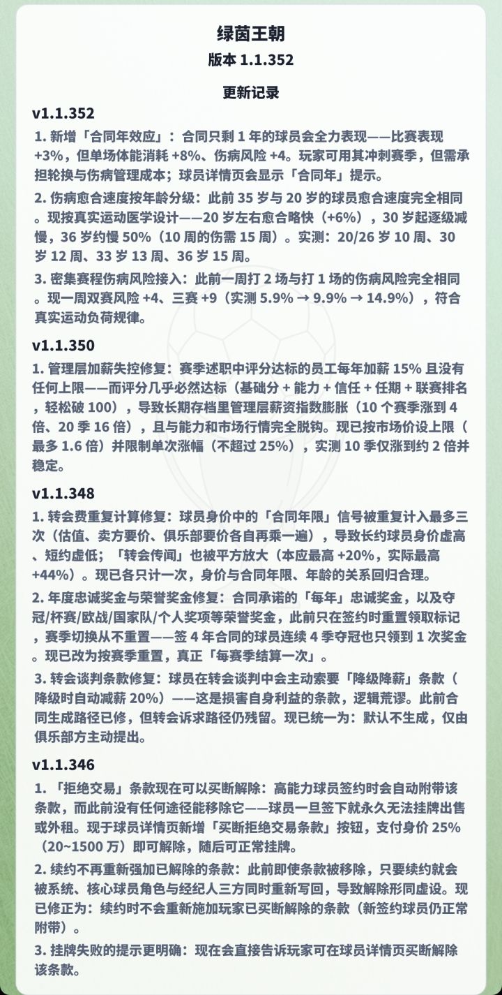 【通知】绿茵王朝1.1.346-352更新记录截图