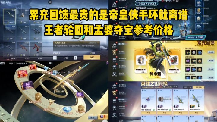 累充回馈最贵的是帝皇侠手环就离谱,王者轮回和孟婆夺宝参考价格截图