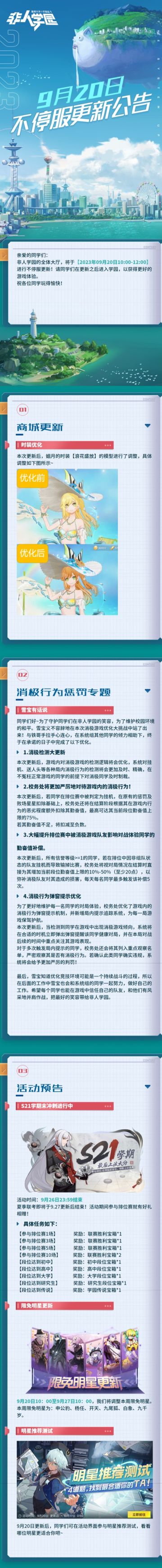 #非人学园##S22：次元交汇# 
【9月20日不停服更新公告】重点如下~
⭐活动预告：S21学期末冲刺进行中，参与排位就有好礼相赠！9月20日更新后，同学们可在活动界面参与明星推荐测试；
⭐商城更新：姻月时装【浪花盛放】模型优化；
⭐消极惩罚专题：消极游戏检测逻辑优化；更加严厉对待游戏内消极行为；大幅提升被消极游戏队友影响体验的勤奋值补偿；消极行为弹窗提示优化；
⭐限免明星更新：本周限免明星为申