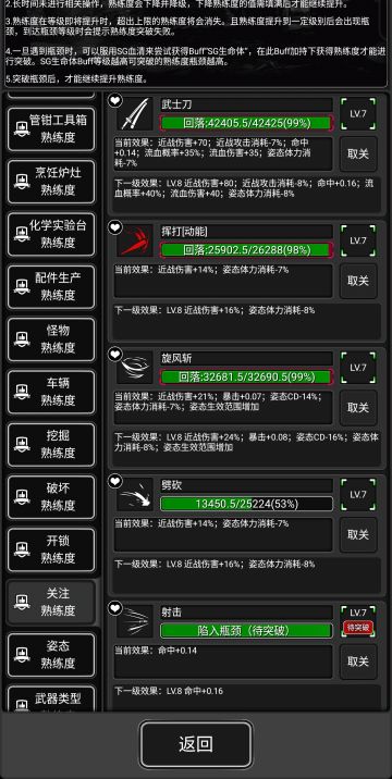 常用 7 级武器熟练度已基本练满 数值如图