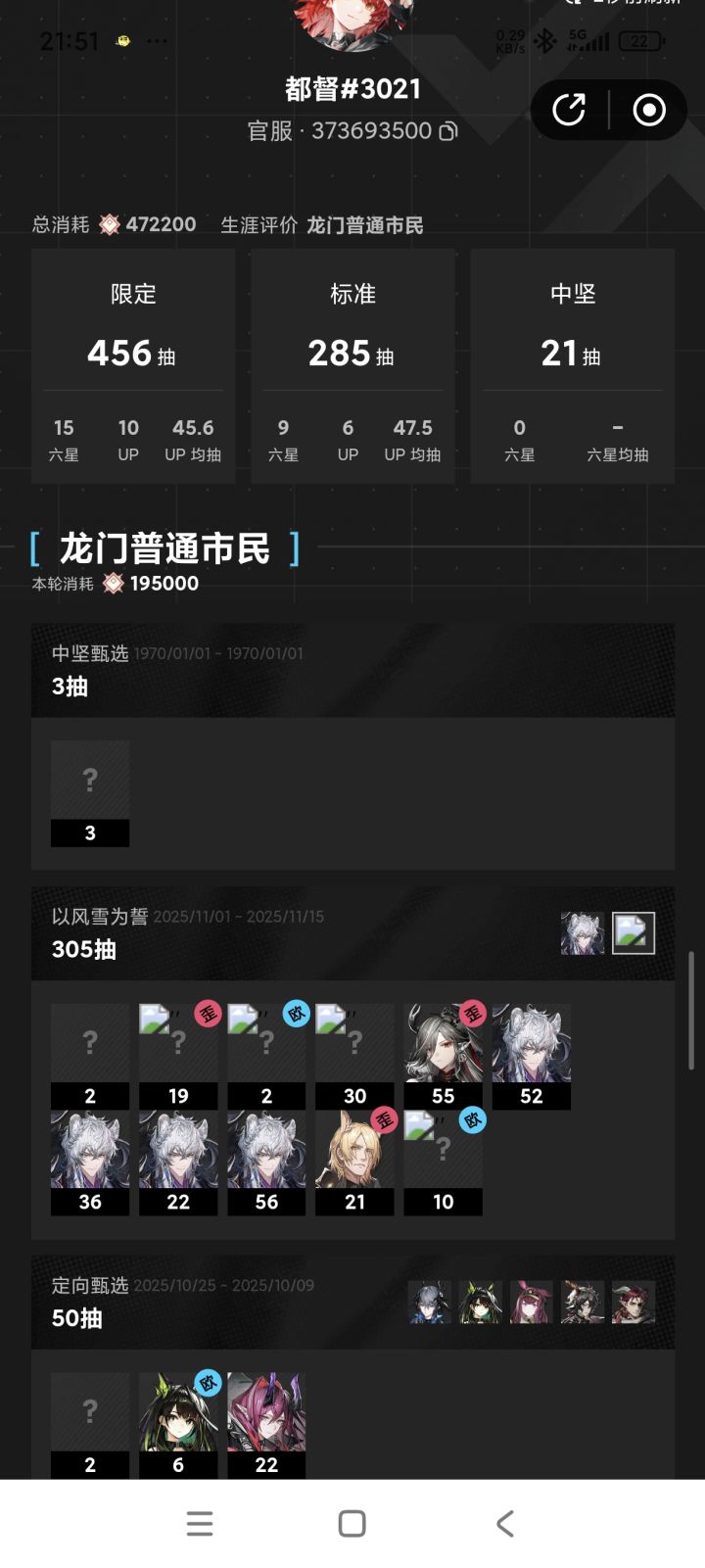 三百抽,四个银灰,三个初雪,一个玛恩纳,一个真言一个仇白,领取一个银灰,井了一个e维,亏不亏?库存清空了还冲了一百多截图