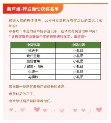 【葫芦娃】公众号转发有奖活动获奖名单