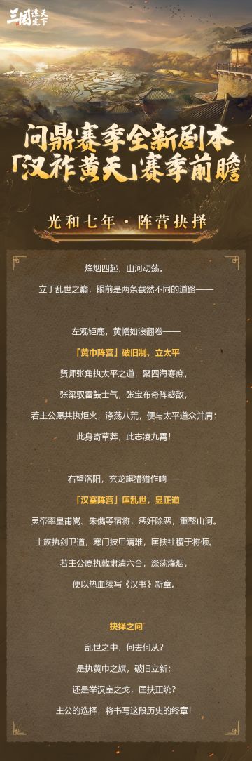 #问鼎赛季 #汉祚黄天 #三国谋定天下 
问鼎赛季全新剧本「汉祚黄天」前瞻爆料丨全新沙盘，非对称阵营本强势来袭！ 
各位主公好，本期我们为大家带来的是：问鼎赛季全新剧本「汉祚黄天」前瞻爆料！
▼详细内容可见下方长图
