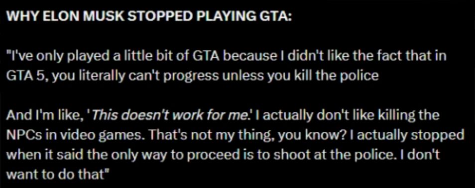 马斯克拒玩GTA6:开场射警我实在做不到! 2