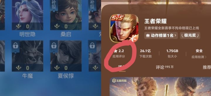 #游戏日常 这谁绷得住呀。在一个应用商店里是2.2评分,但是在另一个游戏应用商店里是5.0评分好奇评分是不是自己买的截图