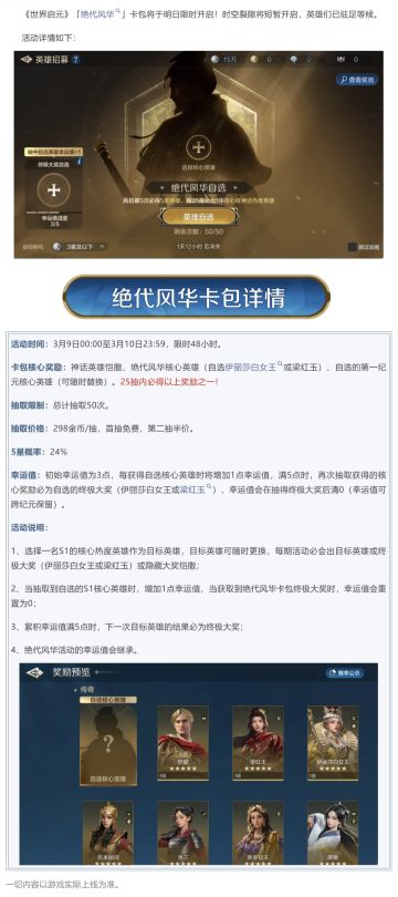 新活动资讯丨「绝代风华」卡包限时返场，25抽必得核心！