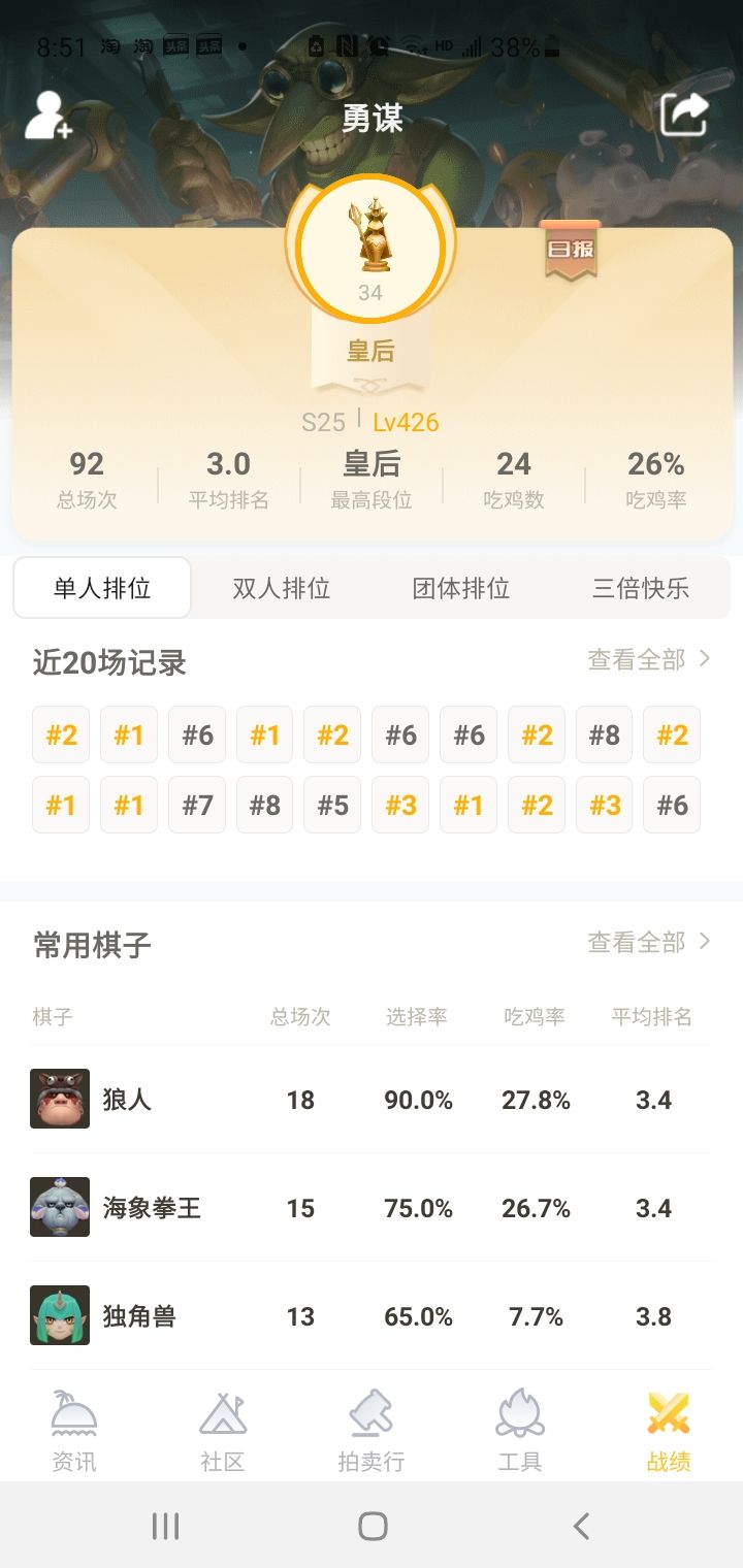 头一次没用一个保险卡进皇后,92场,均3名 2