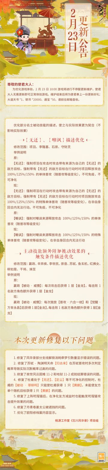 ※2月23日不停服更新公告※
本次为不停服维护更新，使君大人无需更新即可正常体验游戏。
☆部分名士被动技能描述即将优化，与实际效果更为契合！
☆修复了故世风云成就结算错误、杜甫被动异常等问题！
☆忘川风华录手游二周年庆典即将开启，使君大人可前往：https://dream.163.com/ 下载游戏，与各朝名士共庆周岁！
☆加入官方社群，交流更金换物攻略，赢取专属社群福利：
☆官方社群： 6504