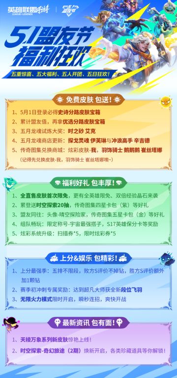 全直售皮肤限免、时空探索20抽，5.1盟友节必拿福利全在这！