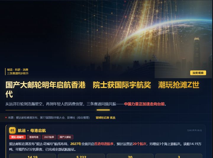 国产大邮轮明年启航香港 院士获国际宇航奖 潮玩抢滩Z世代截图